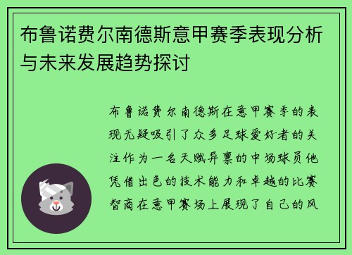 布鲁诺费尔南德斯意甲赛季表现分析与未来发展趋势探讨